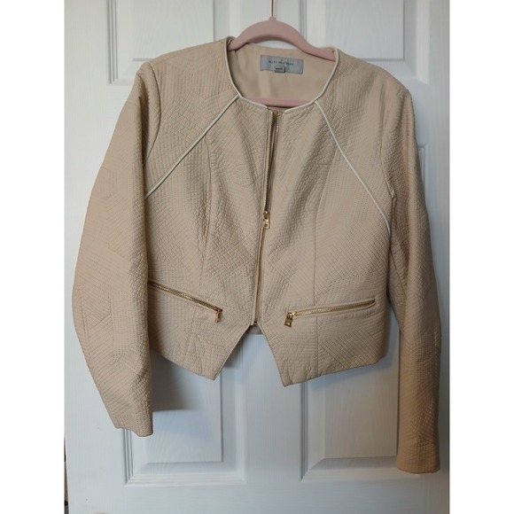 Marc New York Faux Leather Motorcycle Jacket Beige Size L Quilted Gold Zippers - Picture 1 of 7